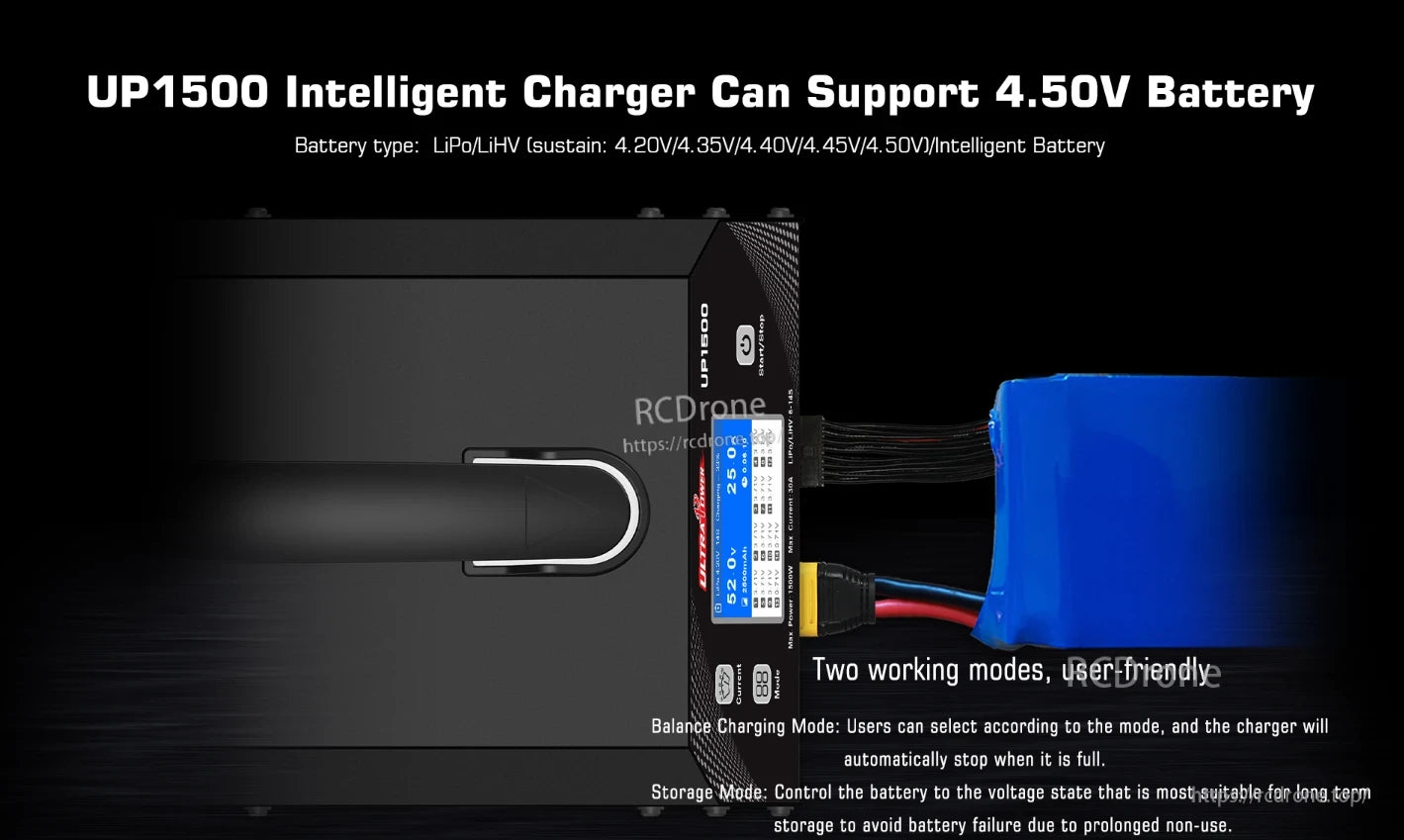 UP1500 LiPo Charger, The UP1500 charger supports 4.20–4.50V LiPo/LiHV batteries with balance and storage modes, real-time data, safety features, and user-friendly operation.