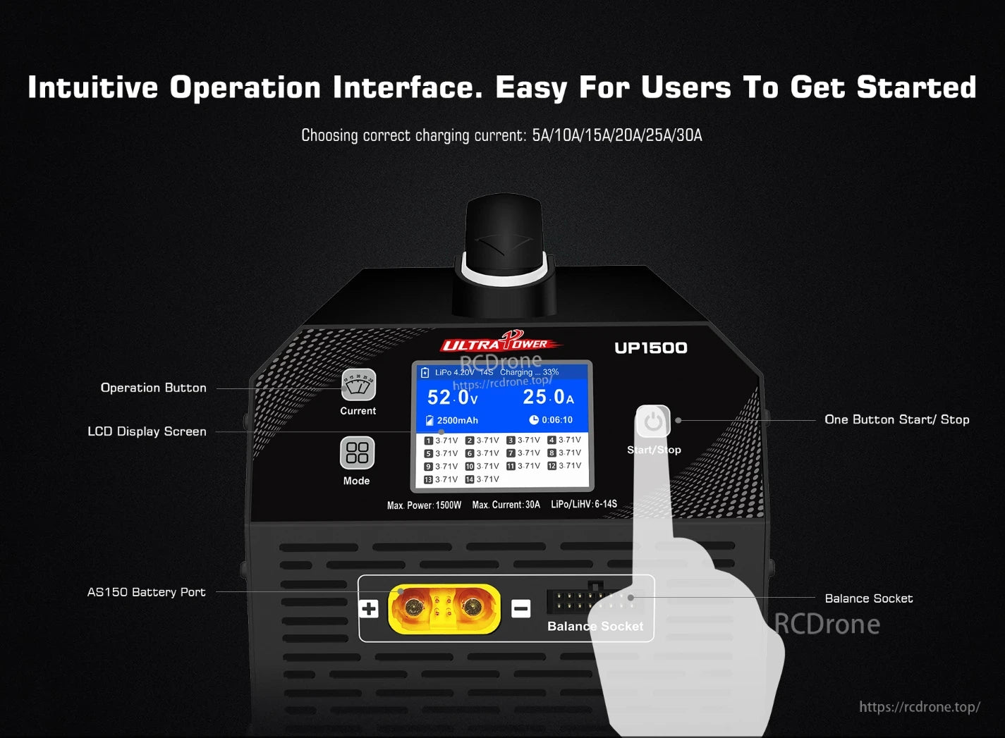 The UP1500 LiPo charger has an intuitive interface for easy use, with features like one-button start/stop and an LCD display screen.