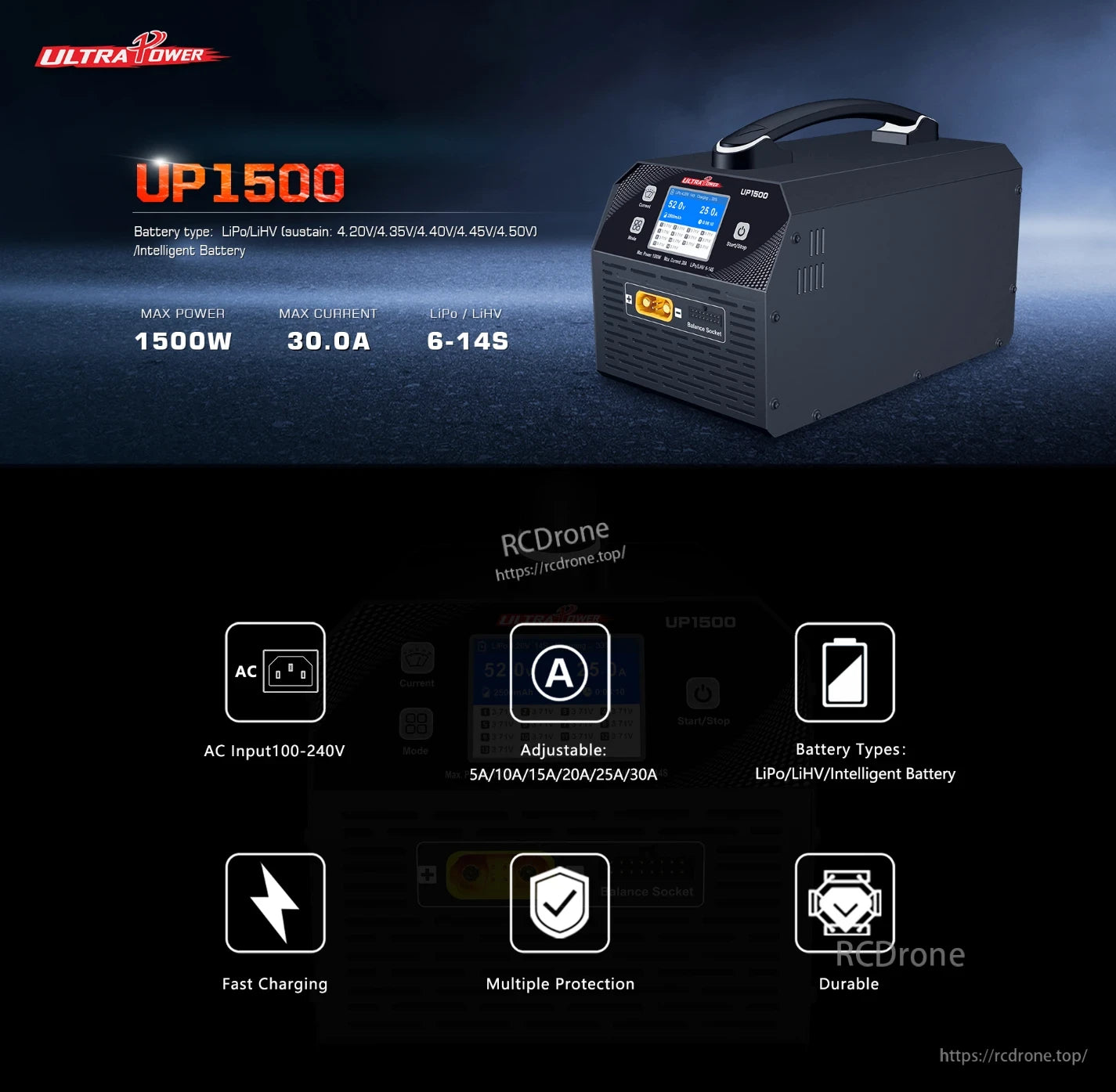 UP1500 LiPo Charger, The UP1500 charger offers 1500W, 30A, supports 6–14S batteries, fast charging, multiple protections, and durable design with AC 100–240V input.
