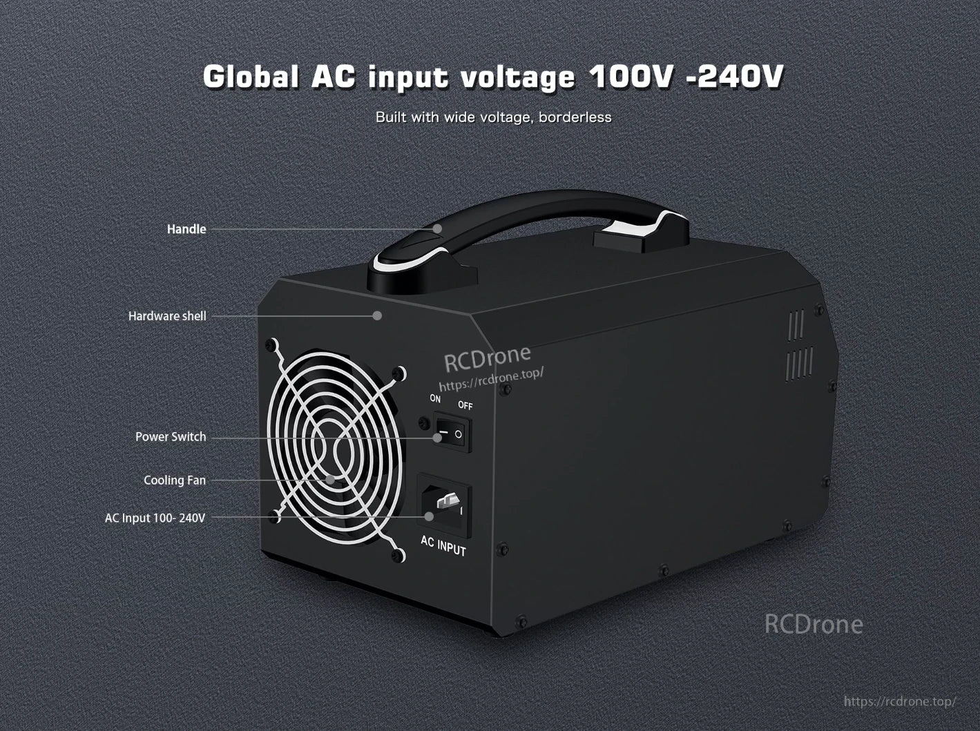 UP1500 LiPo Charger, Global AC input voltage ranges from 100 to 240 volts for efficient charging.