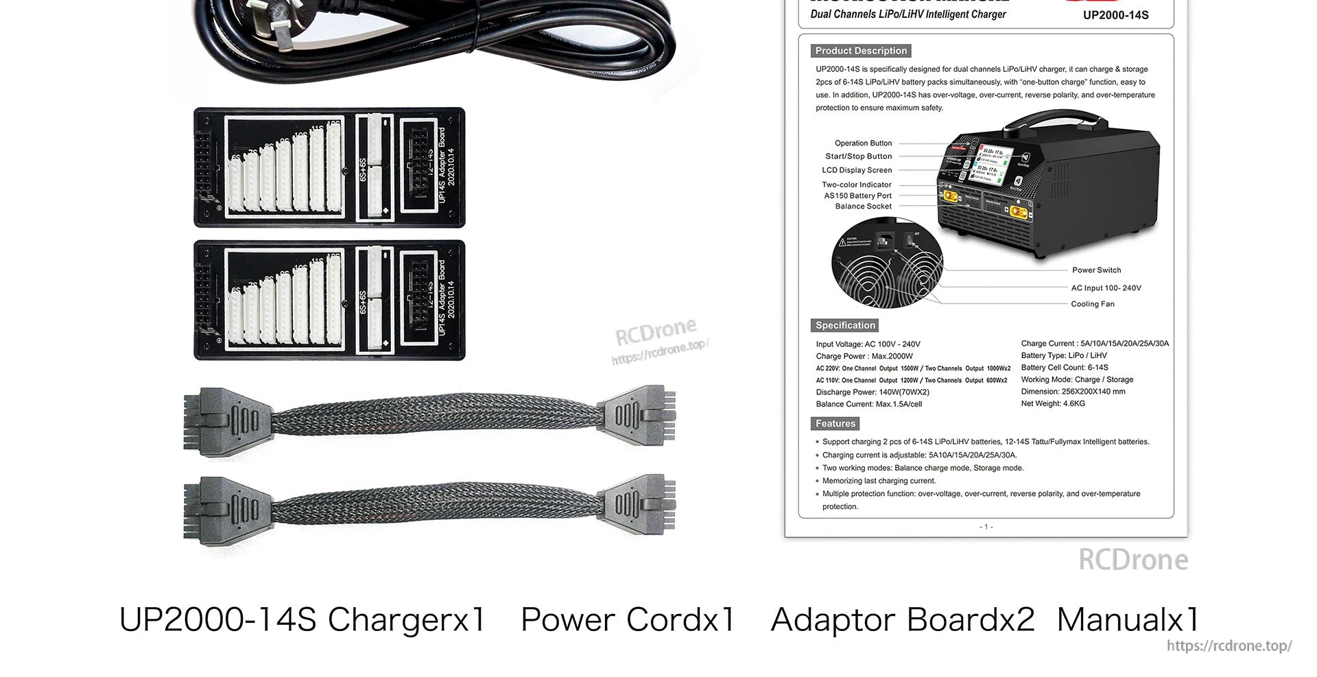 UP2000-14S LiPo Charger, UP2000-14S is a dual-channel 6-14S LiPo/LiHV charger with safety protections, one-button operation, and includes power cord, adaptors, and manual.