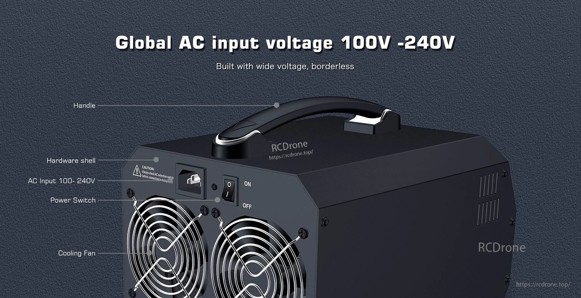 UP2000-14S LiPo Charger, Global 100V-240V AC input, wide voltage, portable design with handle, durable shell, power switch, cooling fans, and AC port.