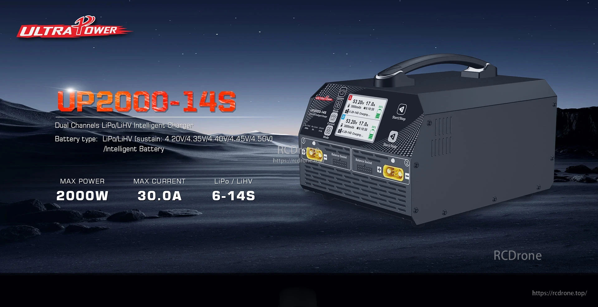 UP2000-14S LiPo Charger, UP2000-14S dual-channel 2000W charger for 6-14S LiPo/LiHV batteries, 30A max current, digital display, balance sockets, and start/stop controls.