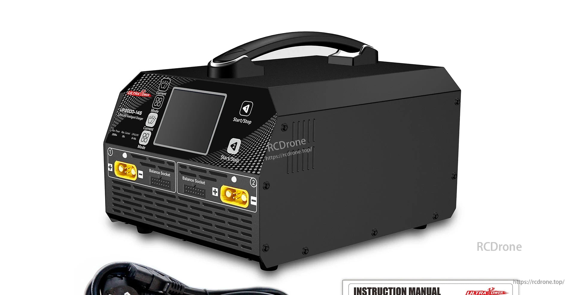 UP2000-14S LiPo Charger, UP2000-14S dual-channel 2000W LiPo charger features LCD display, balance sockets, start/stop buttons, and power cord for intelligent 14S charging.