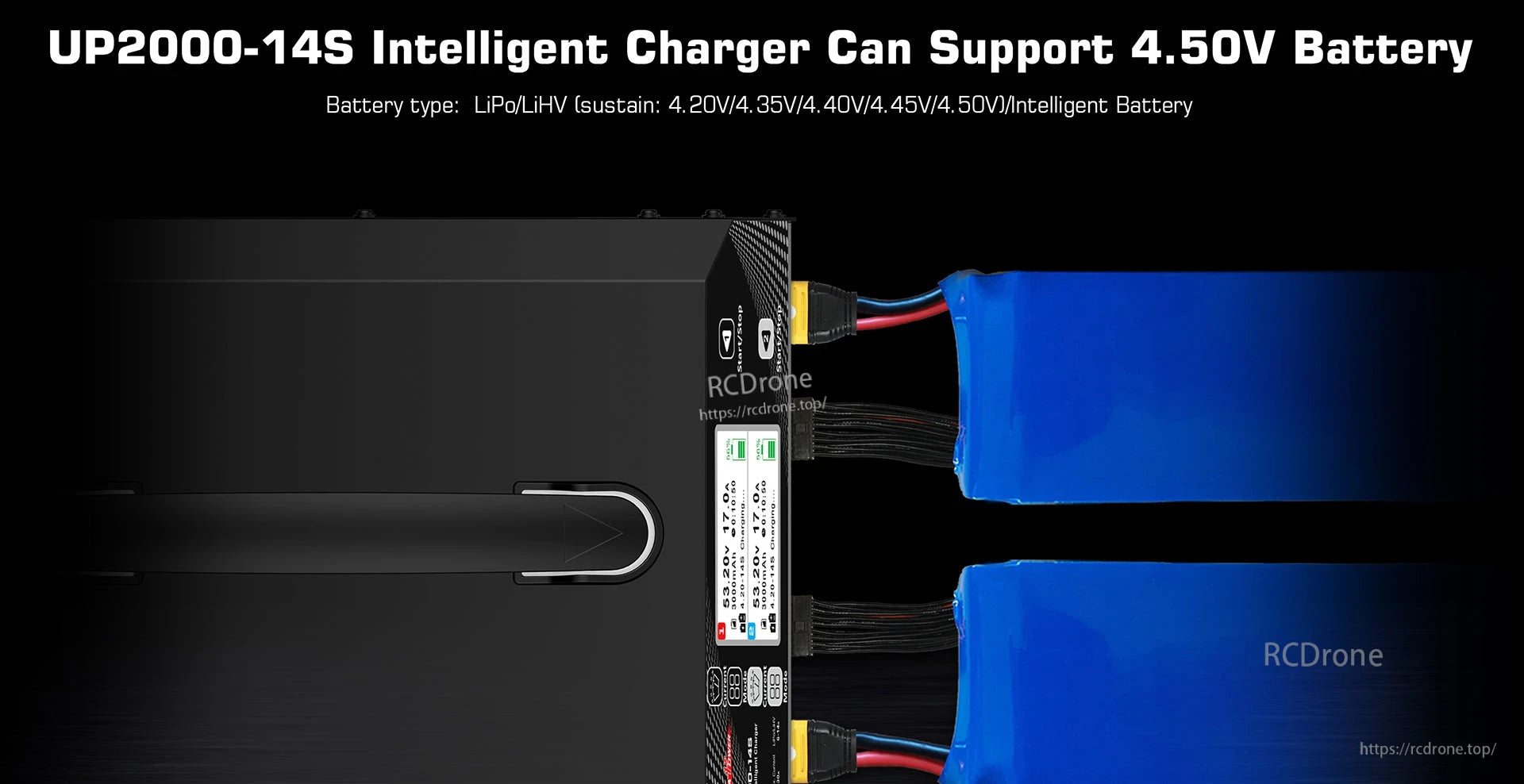 UP2000-14S LiPo Charger, The UP2000-14S charger supports 4.50V LiPo/LiHV batteries, offering intelligent charging, multiple voltage options, and dual battery slots for efficient, versatile power management.