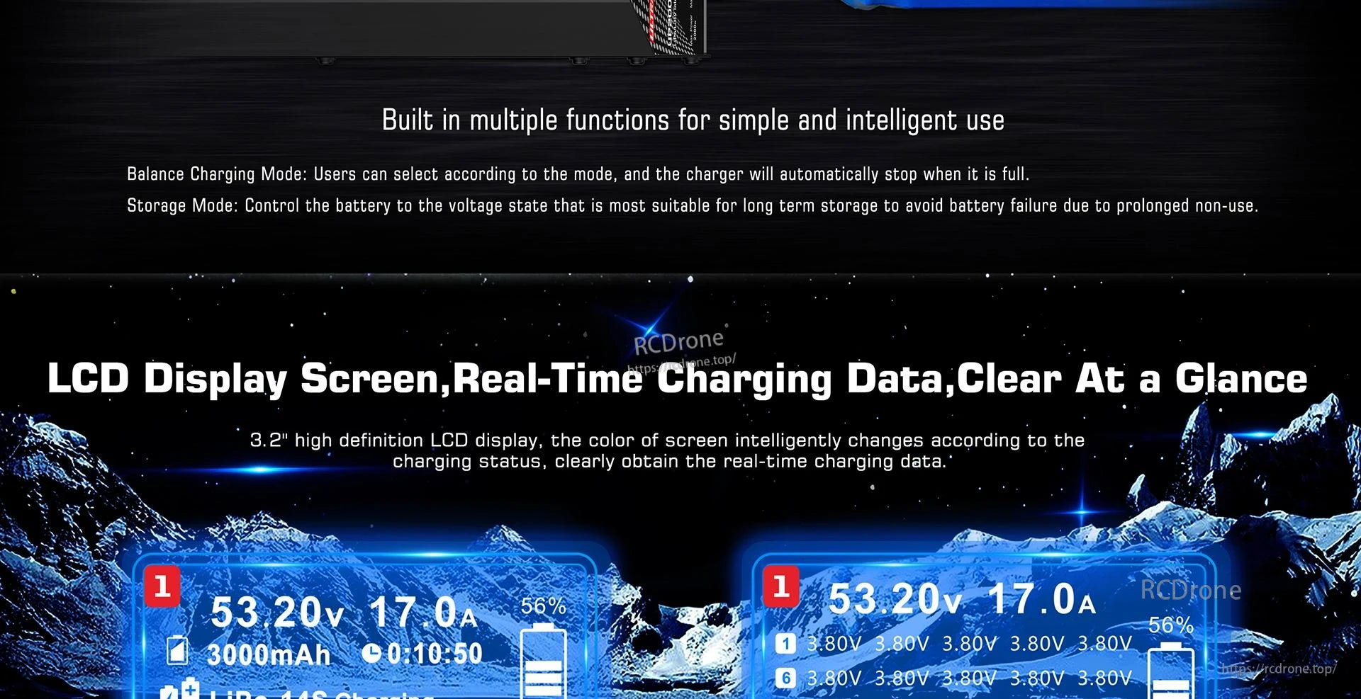 UP2000-14S LiPo Charger features balance/storage modes, smart charging, and a 3.2" color LCD for safe, efficient, real-time charging monitoring.