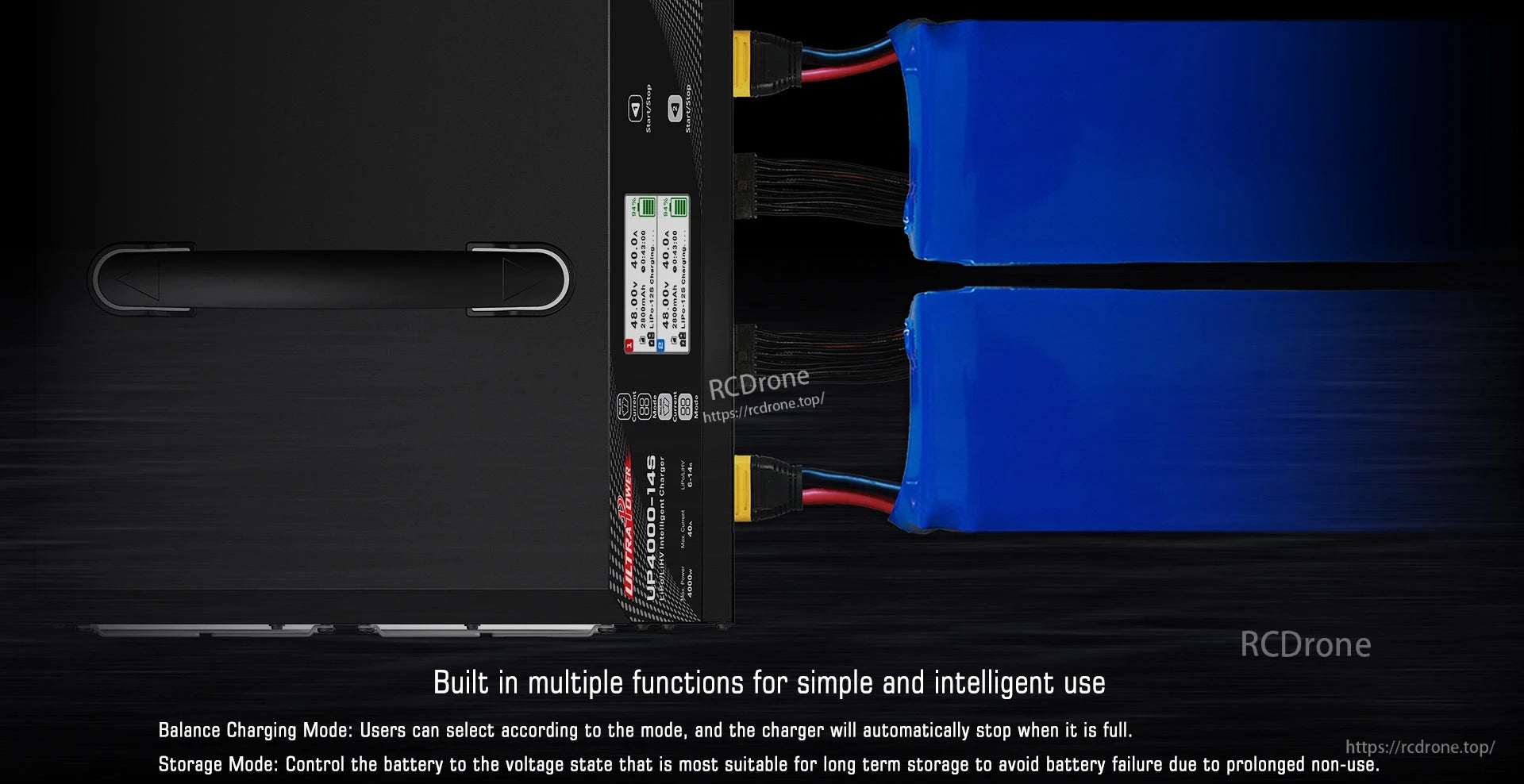 UP4000-14S Dual Channel Charger, Dual-channel charger with balance and storage modes; auto-stops when full, maintains optimal voltage, and features intelligent functions for easy use.