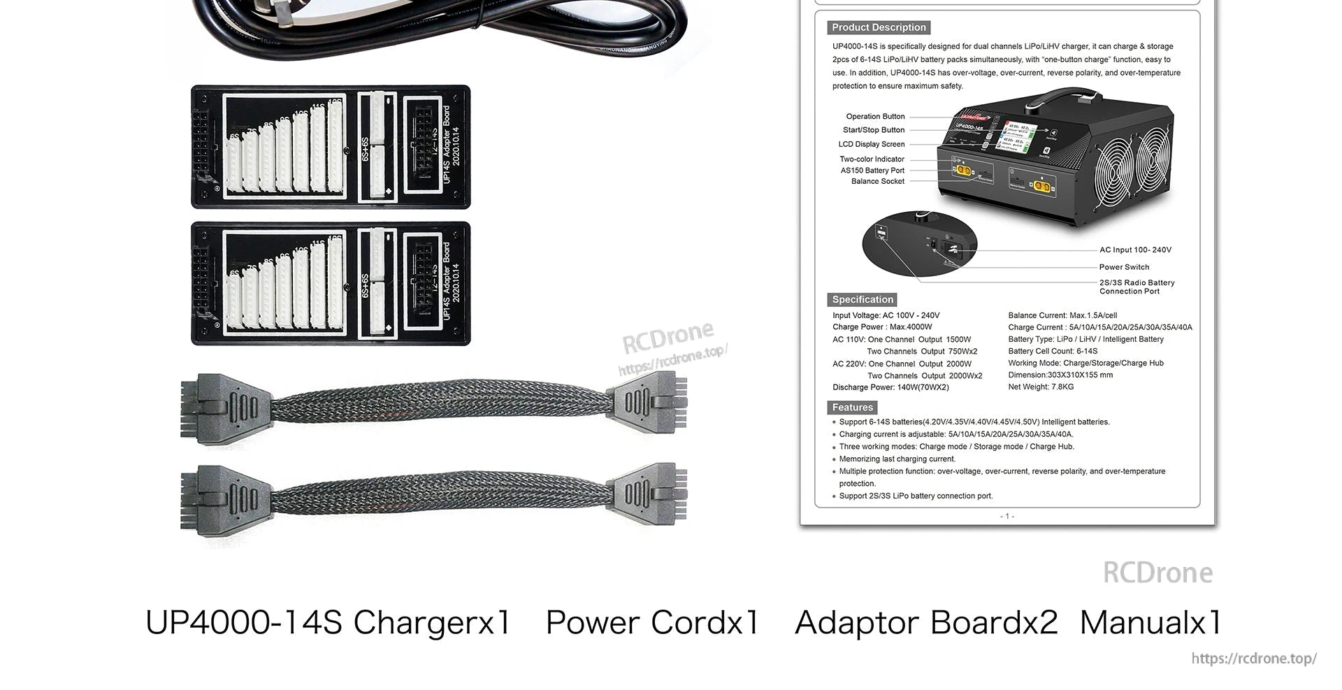 UP4000-14S Dual Channel Charger, UP4000-14S dual-channel charger for 6-14S LiPo/LiHV batteries offers one-button charging, multiple protections, and includes adaptor boards, power cord, manual, and balance socket.