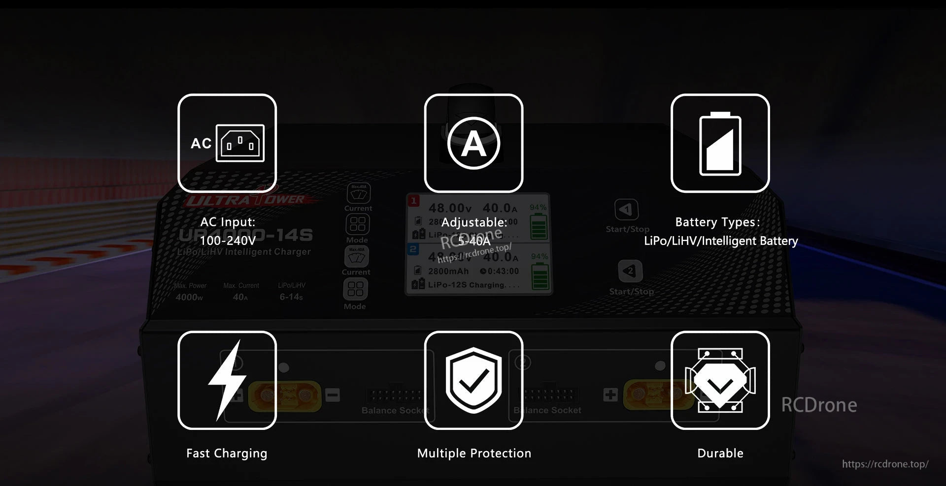 UP4000-14S Dual Channel Charger, Dual-channel 4000W charger with 100-240V input, 5-40A output, supports LiPo/LiHV, offers fast charging, multiple protections, and durable design.