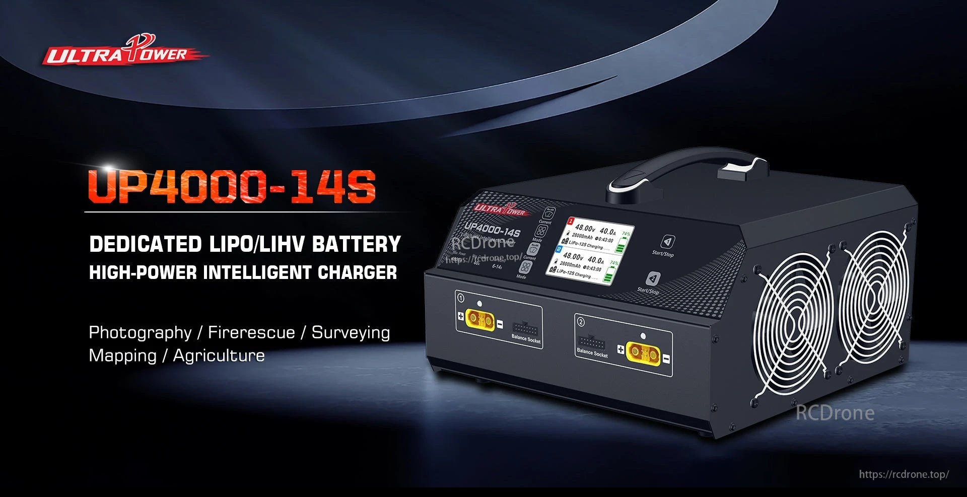 UP4000-14S Dual Channel Charger, UP4000-14S is a dual-channel, high-power LiPo/LiHV charger with digital display and cooling fans, ideal for drones in photography, rescue, surveying, mapping, and agriculture.