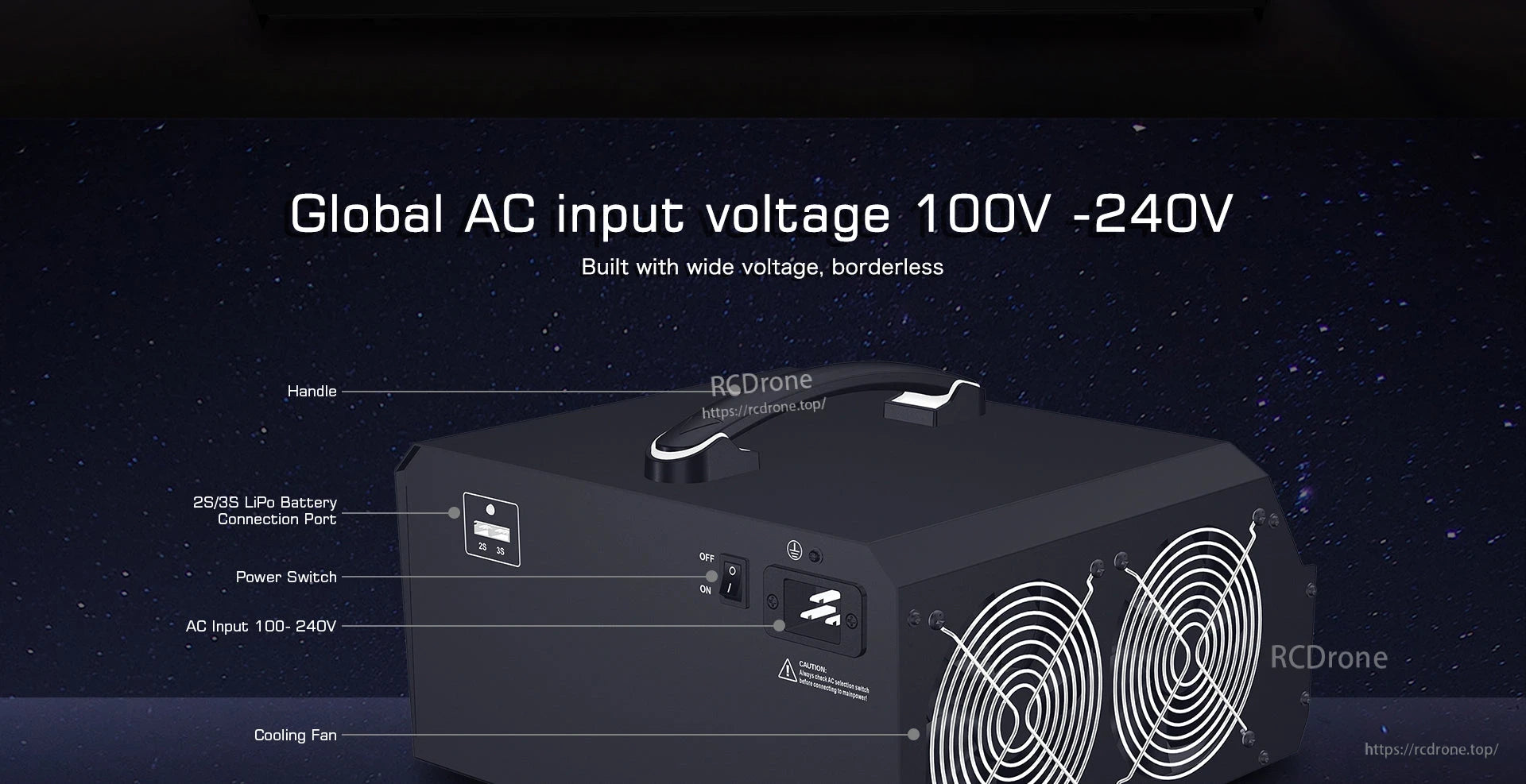 UP4000-14S Dual Channel Charger, Dual-channel charger with global 100V-240V input, battery port, power switch, cooling fans, and wide voltage compatibility.