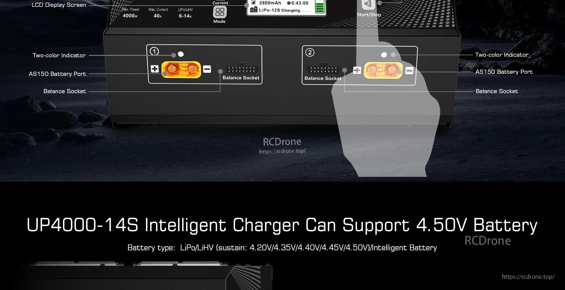 UP4000-14S Dual Channel Charger, UP4000-14S dual-channel charger supports 4.20V–4.50V LiPo/LiHV batteries, featuring LCD, AS150 ports, balance sockets, two-color indicators, and intelligent charging; max 4000W power, 40A current.