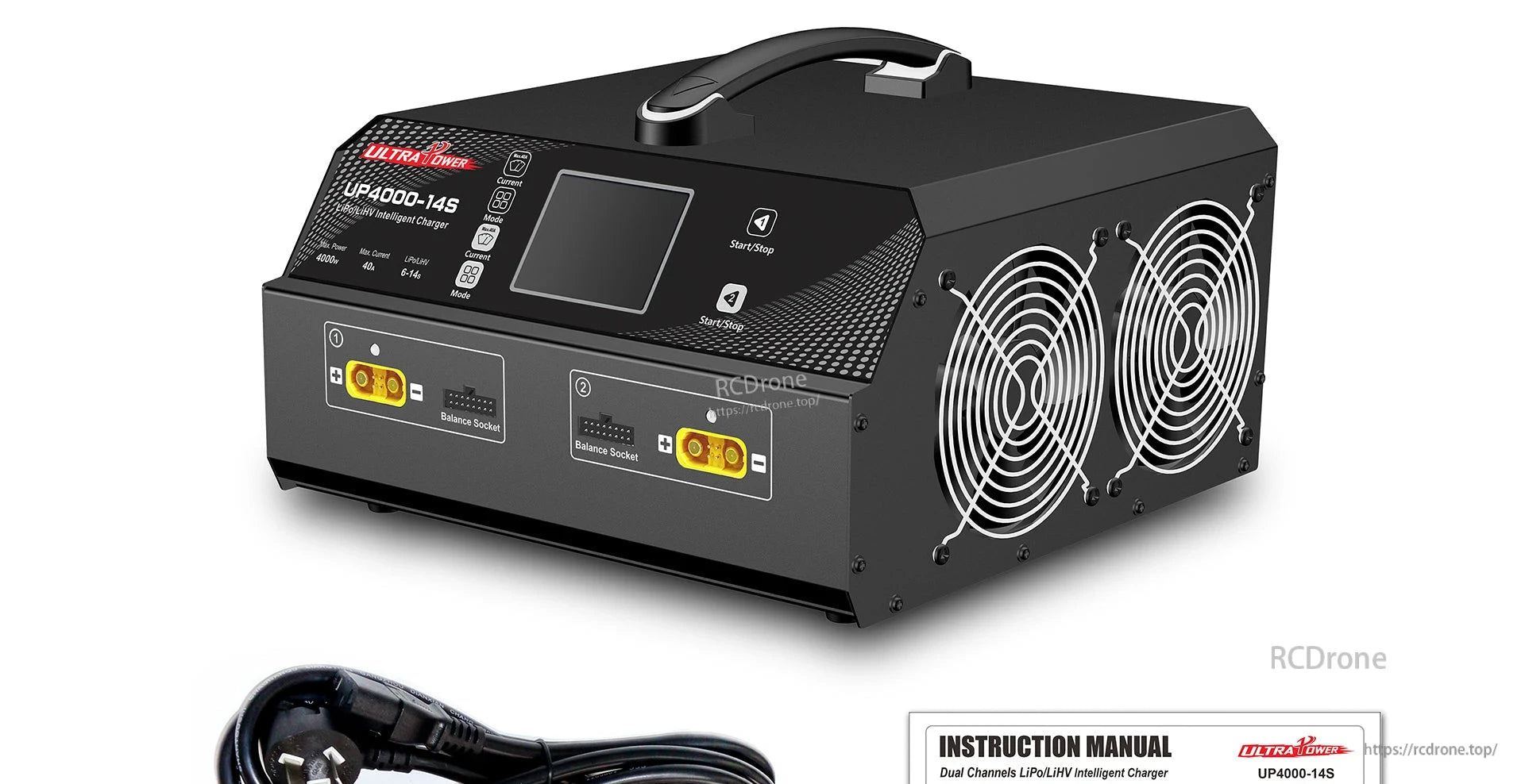 UP4000-14S Dual Channel Charger, UP4000-14S is a 4000W dual-channel charger for 6–14S LiPo/LiHV batteries, featuring balance ports, display, controls, cooling, and accessories for efficient, user-friendly charging.