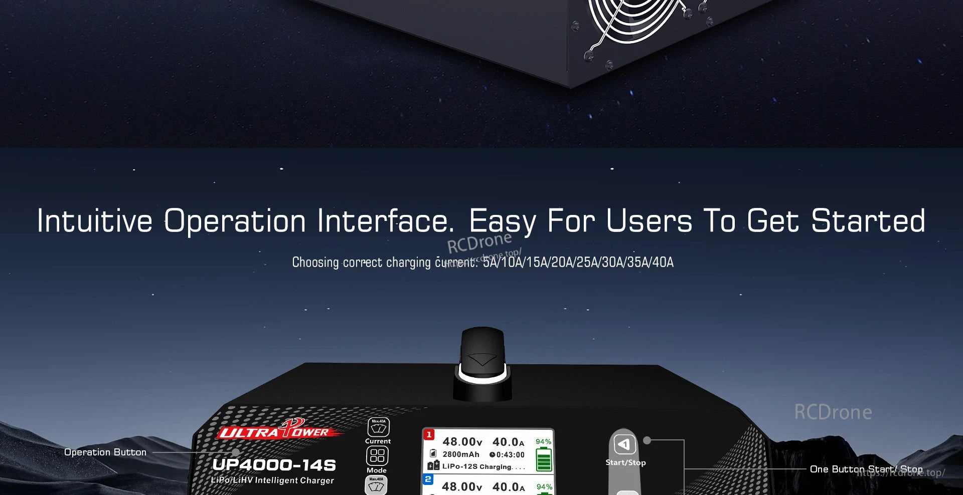 UP4000-14S Dual Channel Charger, The UP4000-14S dual-channel charger delivers 5–40A current, supports various battery types, features a digital display, one-button control, and sleek design for efficient, user-friendly charging.