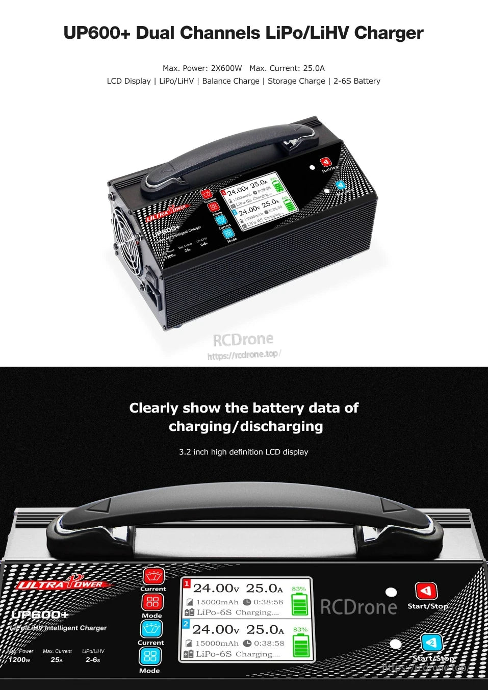 UP600 Intelligent Charger, The UP600+ dual-channel charger offers 2×600W, up to 25A, and a 3.2" LCD for real-time 2–6S battery charging data.