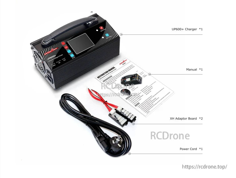 UP600 Intelligent Charger, UP600+ charger includes manual, two XH adapter boards, and one power cord.