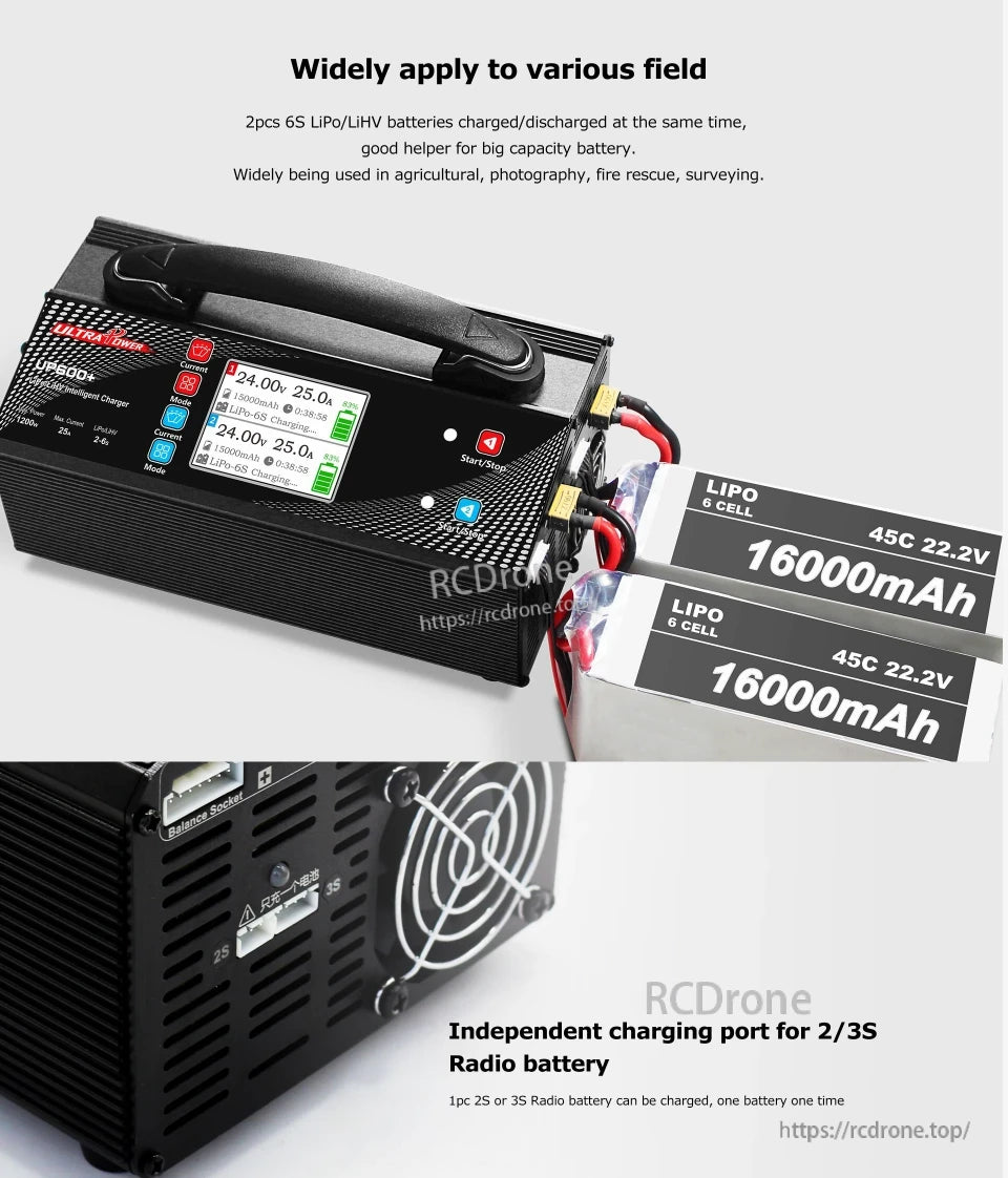 UP600 Intelligent Charger, The UP600 charger supports dual 6S LiPo/LiHV batteries and a separate 2S/3S port, ideal for agriculture, photography, rescue, and surveying.