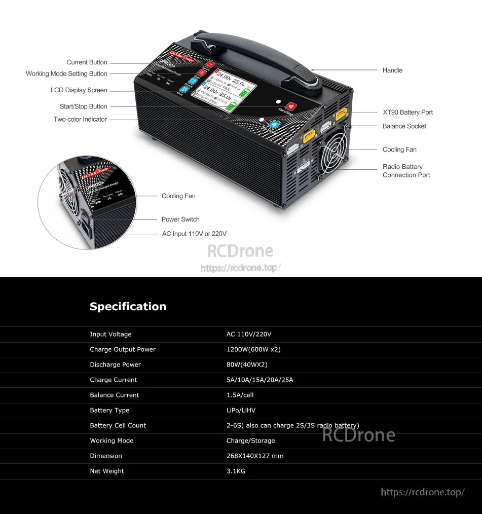 The UP600 Intelligent Charger supports 2–6S LiPo/LiHV batteries with 1200W charging, 80W discharging, LCD, fan, XT90 port, and compact RC-friendly design.