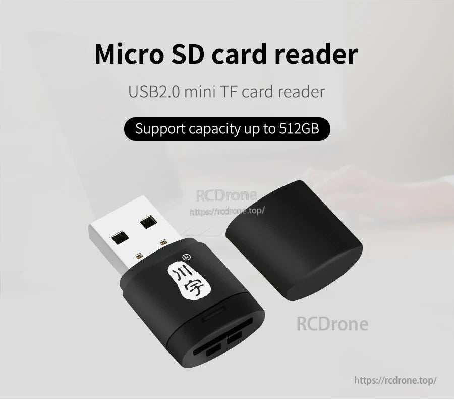 USB 2.0 Micro SD/TF Card Reader Adapter with protective cap, supports MicroSD cards up to 512GB