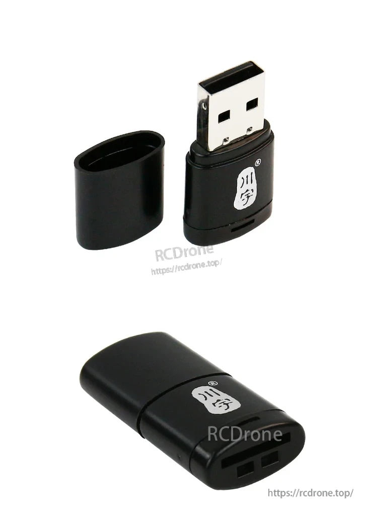 Black USB 2.0 MicroSD/TF card reader adapter with cap removed, front view of MicroSD card slot