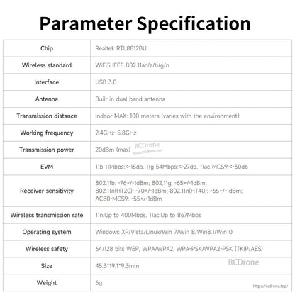 Parameter specification table listing chipset, wireless standard, USB 3.0 interface, range, OS support, size and weight