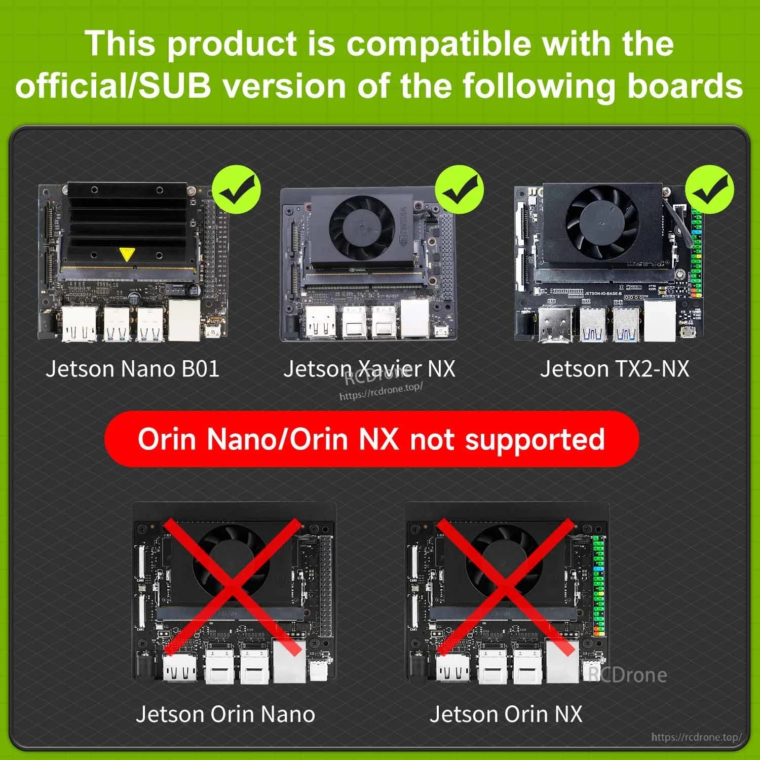 Compatibility chart for Jetson Nano B01, Jetson Xavier NX, Jetson TX2-NX; Orin Nano/Orin NX not supported