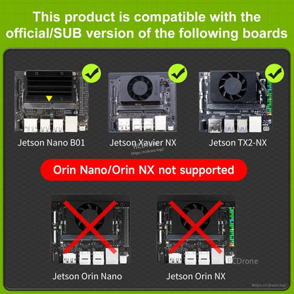 Compatibility chart for Jetson Nano B01, Jetson Xavier NX, Jetson TX2-NX; Orin Nano/Orin NX not supported