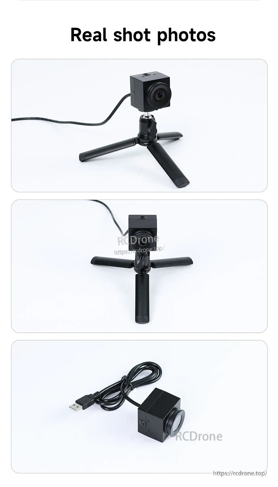 Real product photos: USB camera on tripod from multiple angles plus close-up of camera with USB cable