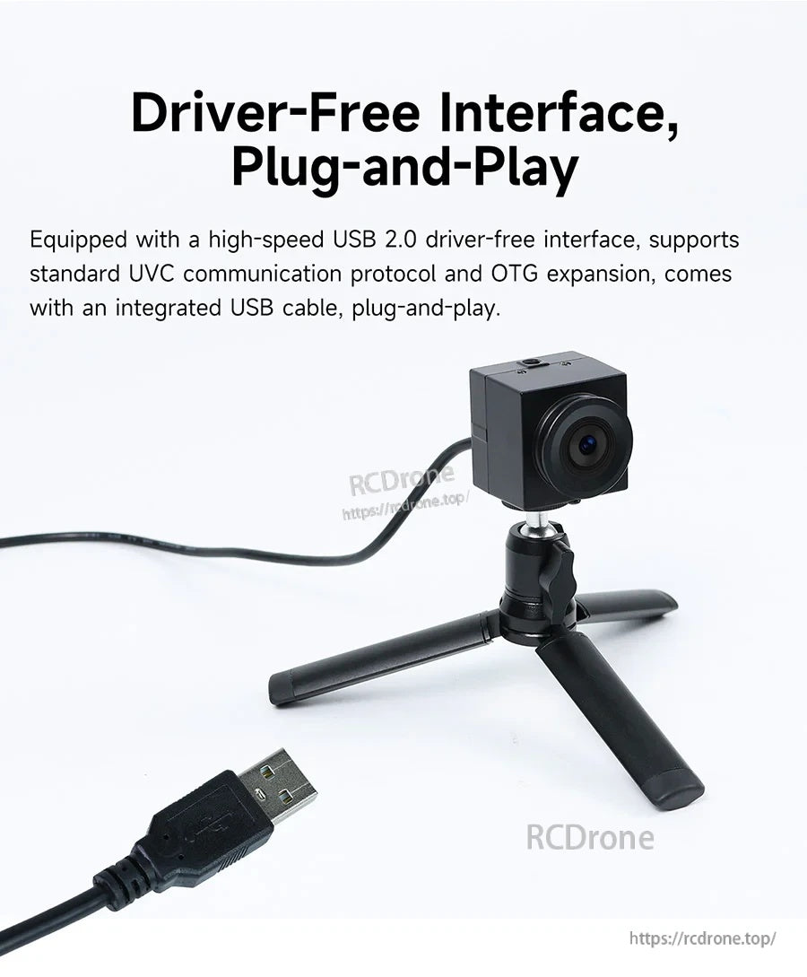 Driver-free plug-and-play USB 2.0 UVC camera with integrated USB cable and standard USB-A connector