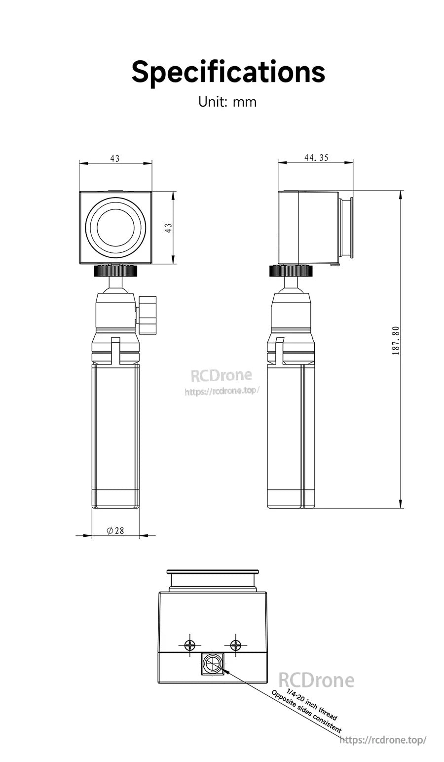 Dimension drawing of the camera and tripod bracket with measurements in millimeters