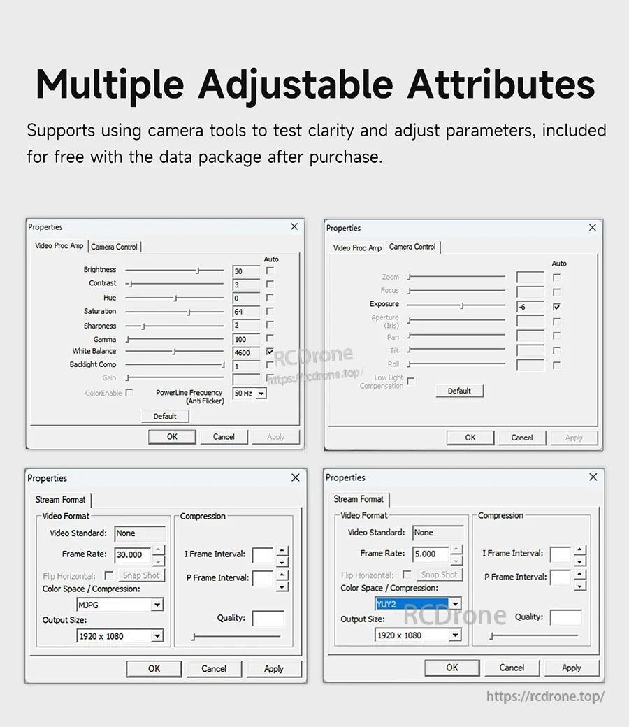 Camera control settings screenshots showing adjustable brightness, contrast, exposure, white balance and more