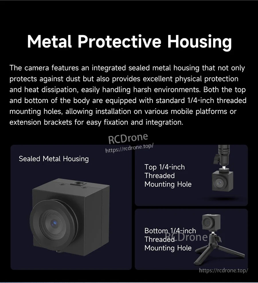 Sealed metal protective housing with top and bottom 1/4-inch threaded mounting holes