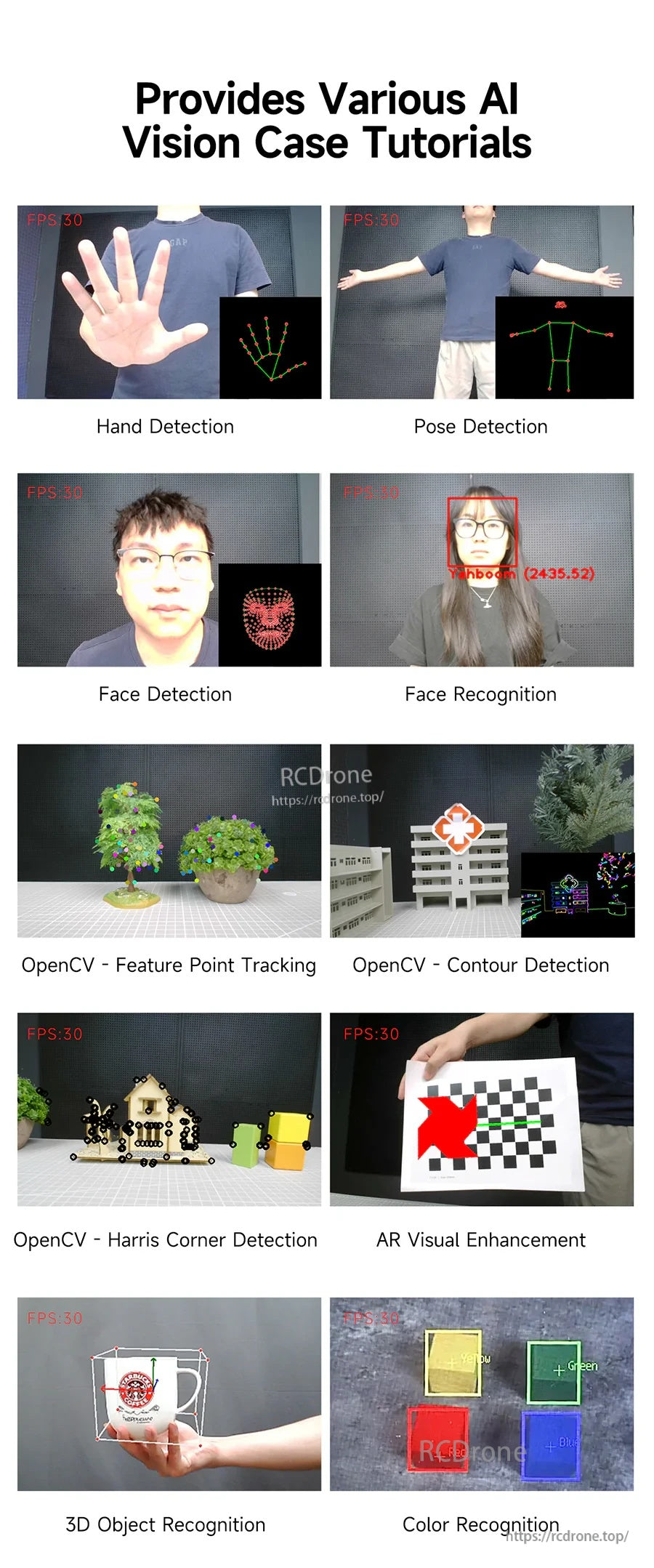 AI vision tutorial examples grid: hand, pose, face detection and recognition, tracking, contours, AR, 3D, color