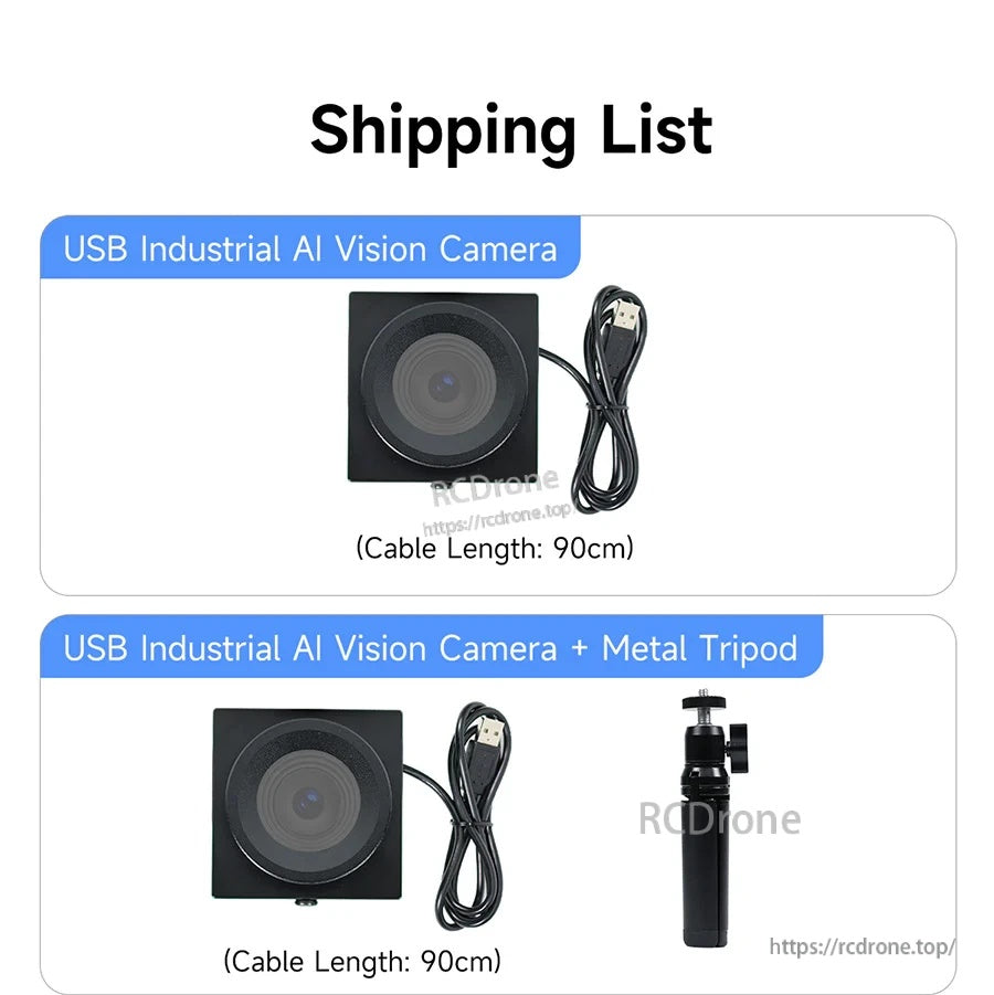 Package contents list: USB industrial AI vision camera with 90cm cable, optional bundle with metal tripod