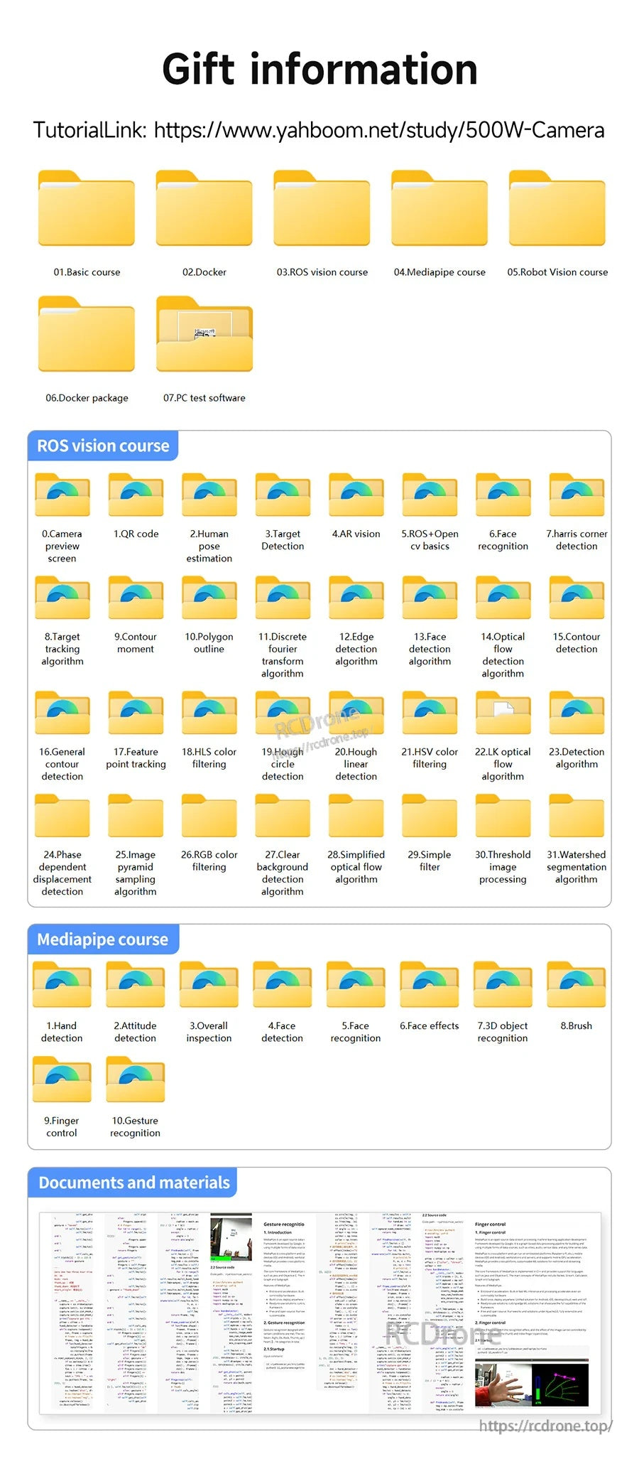 Download page screenshot listing tutorial resources, ROS/OpenCV courses, and documentation link