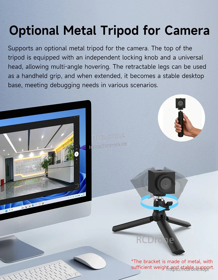 Optional metal tripod accessory for the camera, handheld grip or stable desktop base