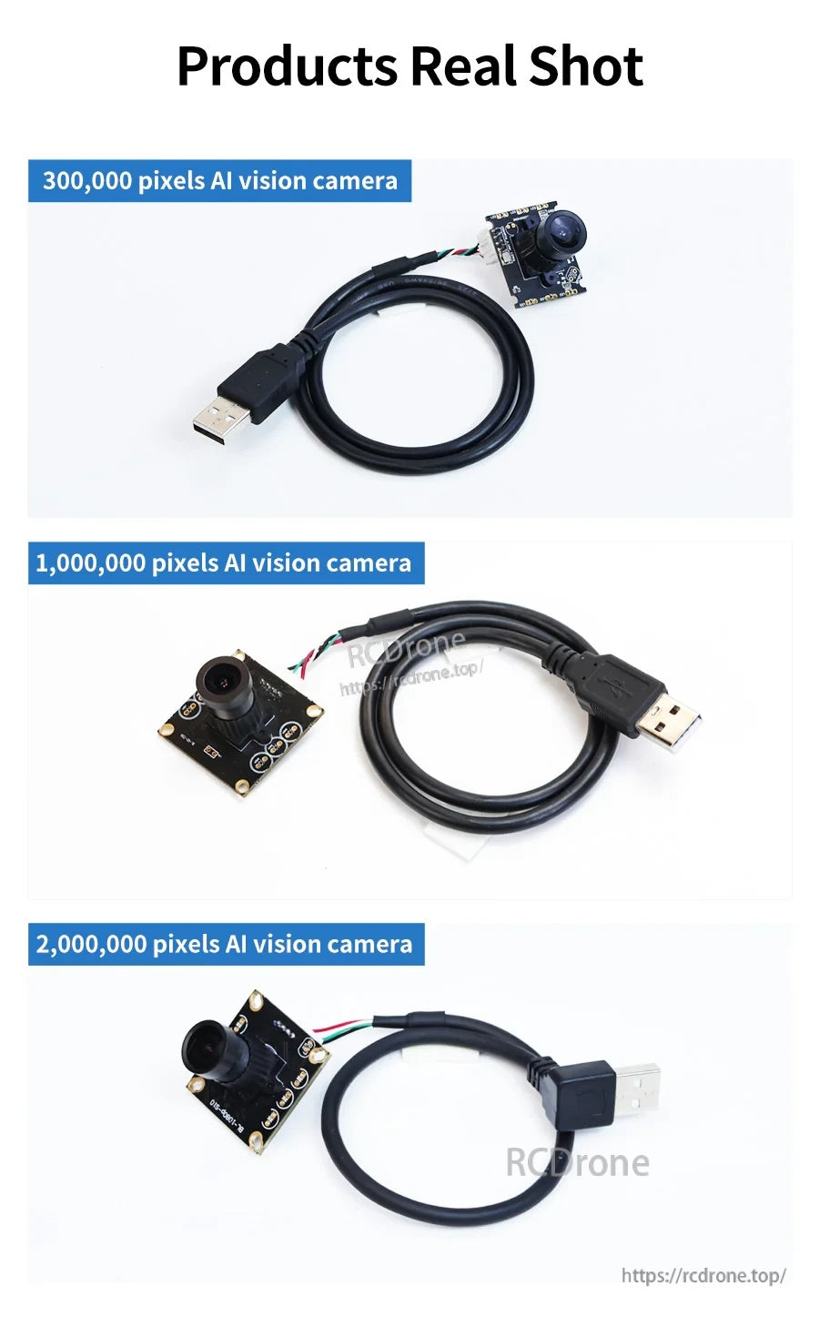 Yahboom USB Camera real product photos with USB cable included for 0.3MP, 1MP, and 2MP module options