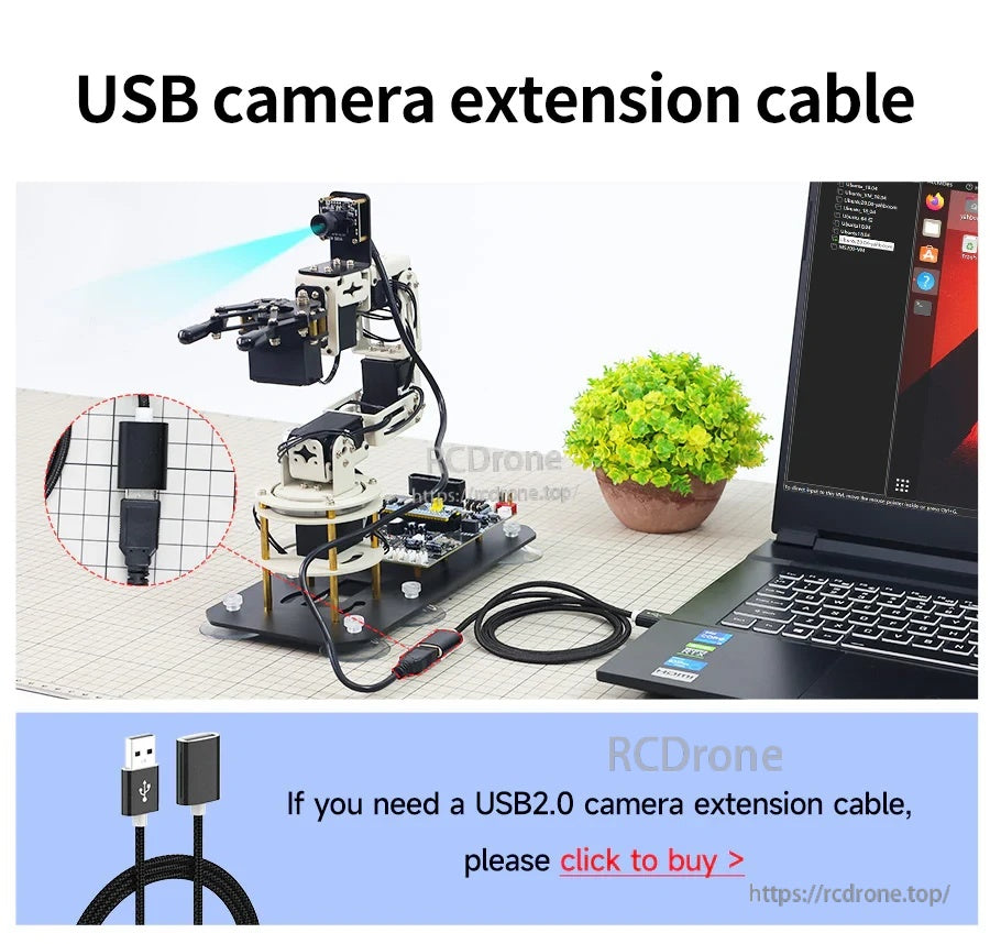 USB2.0 camera extension cable accessory illustrated with robotics setup and PC connection