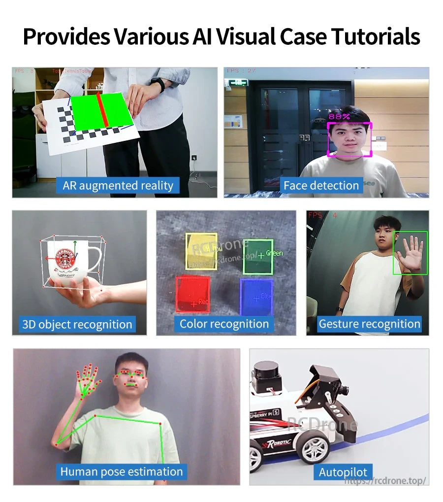 AI vision tutorial examples including AR, face detection, object and color recognition, gesture recognition, and pose estimation