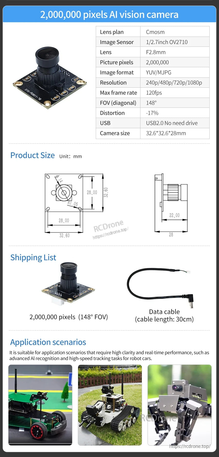 2MP USB AI vision camera option specs with dimensions, included USB cable, and suggested high-speed recognition uses
