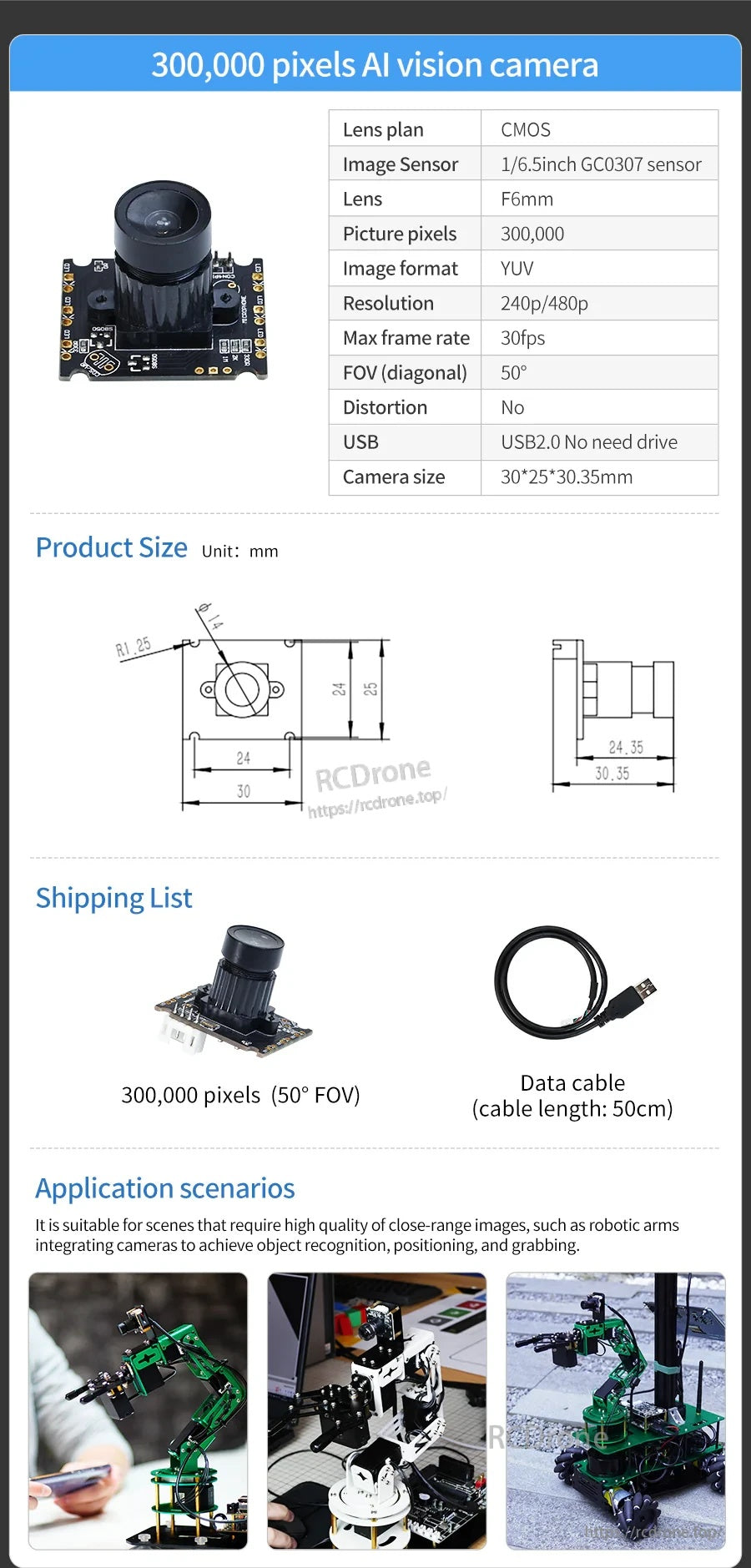 0.3MP USB AI vision camera option specs with dimensions, included USB cable, and suggested close-range robotics uses