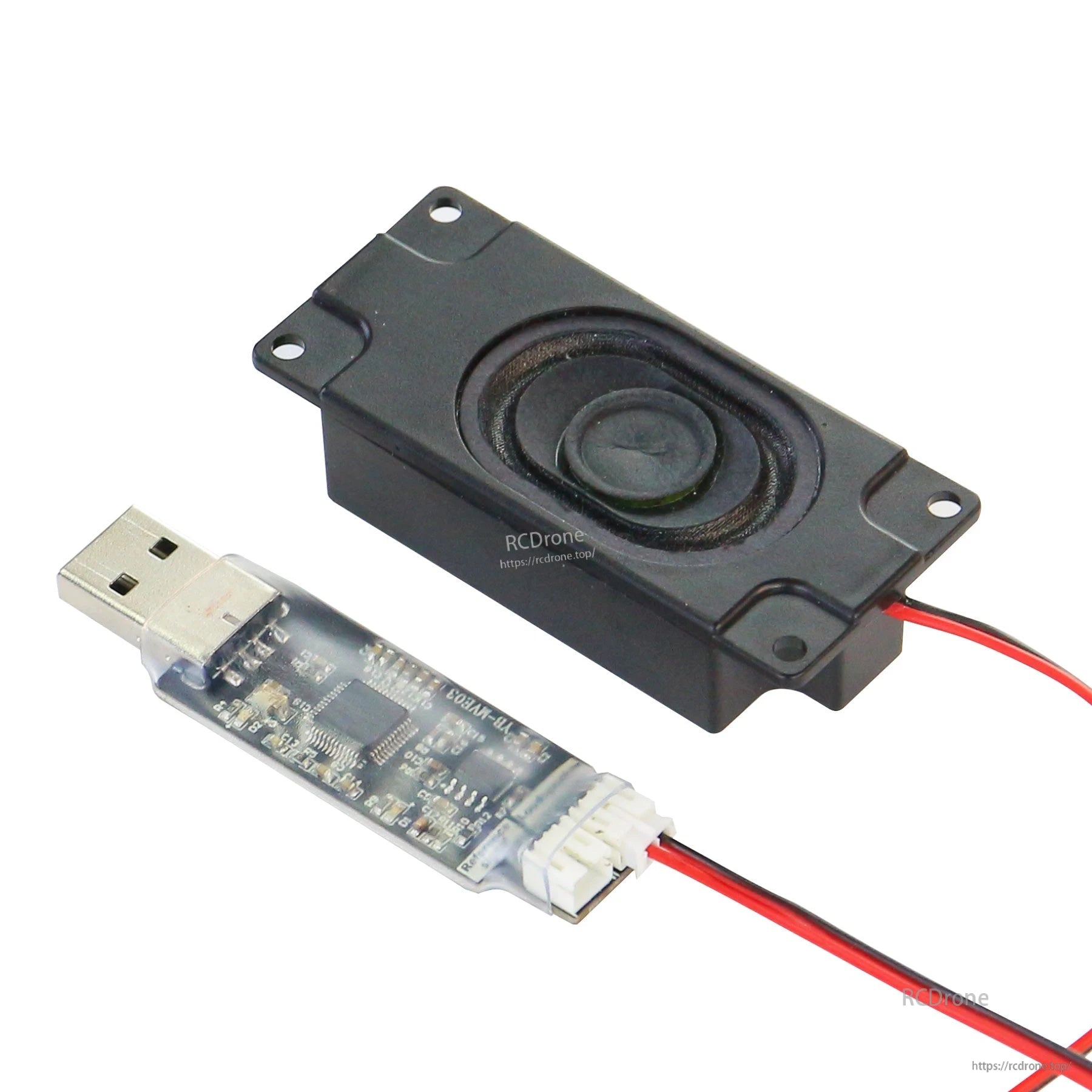 4Ω 3W speaker module with USB sound card attached, angled view showing wiring and mounting holes