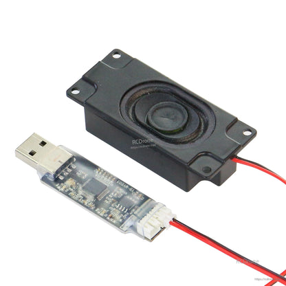 4Ω 3W speaker module with USB sound card attached, angled view showing wiring and mounting holes