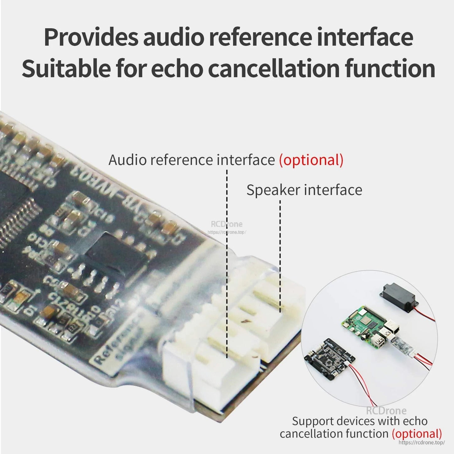 USB sound card connector close-up labeled speaker interface and optional audio reference interface