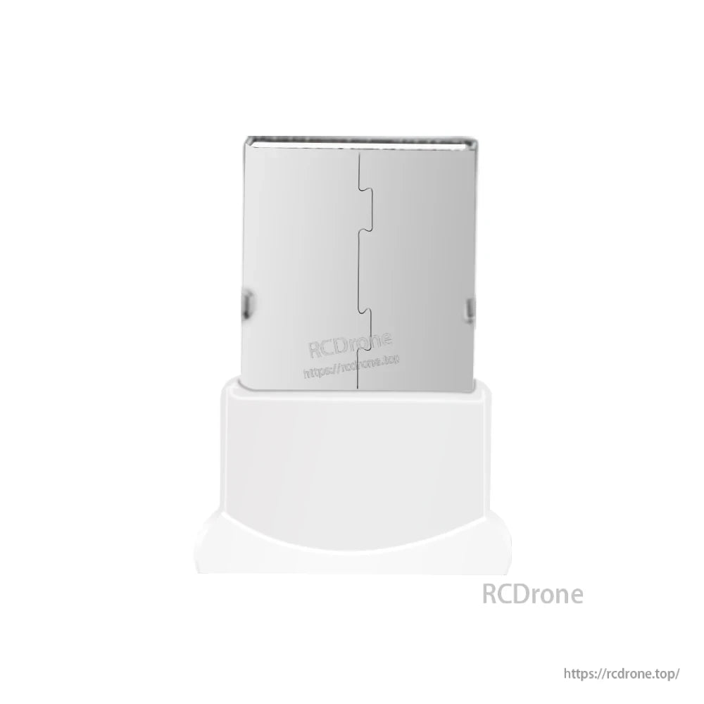 Front view of the USB plug end of the adapter seated in its cap-style protective base