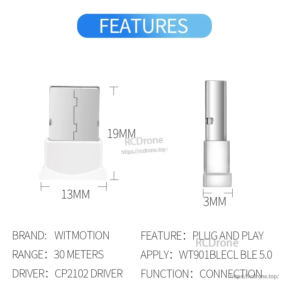 Feature card with adapter dimensions (19 mm, 13 mm, 3 mm) and plug-and-play notes
