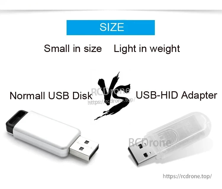 Size comparison graphic showing a standard USB flash drive versus the small USB-HID adapter