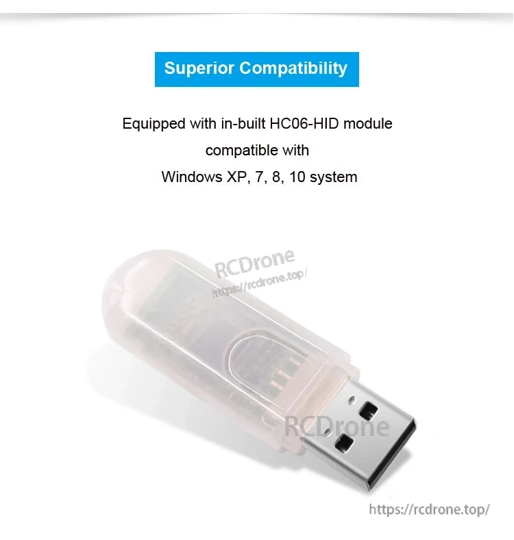 USB Bluetooth adapter close-up with Windows XP/7/8/10 compatibility text on a white background
