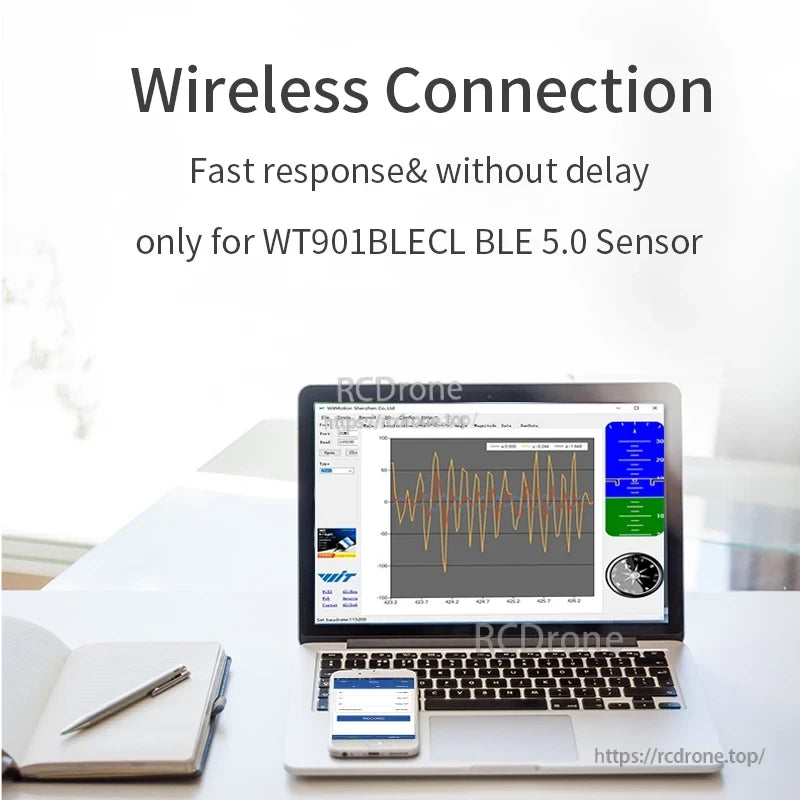 Wireless connection marketing graphic with a laptop data chart and text referencing WT901BLECL BLE 5.0