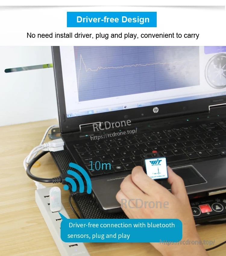 Adapter connected to a laptop for driver-free Bluetooth sensor communication, with 10 m range graphic
